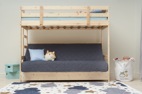 Двухъярусная кровать массив с диван-кроватью велюр серый / натуральный